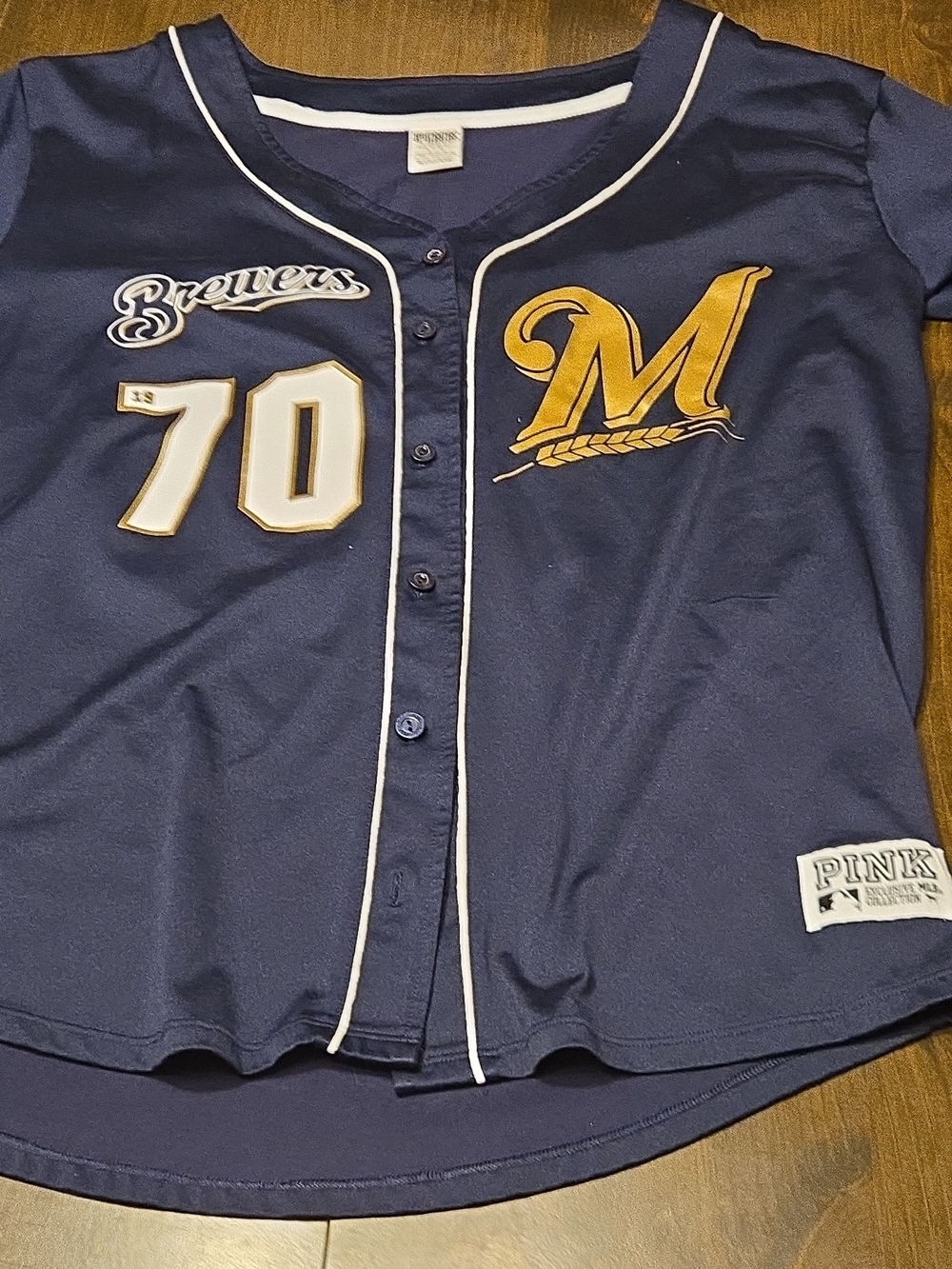 PINK Victoria's Secret Navy and Gold Brewers Button-Front Womens Jersey